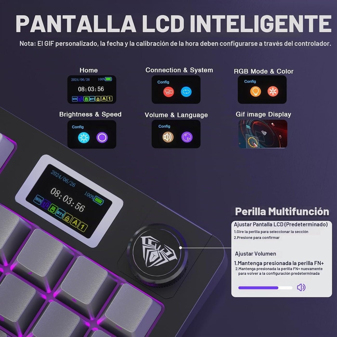 Pantalla LCD inteligente del AULA S98 Pro con perilla multifunción y menú de configuración