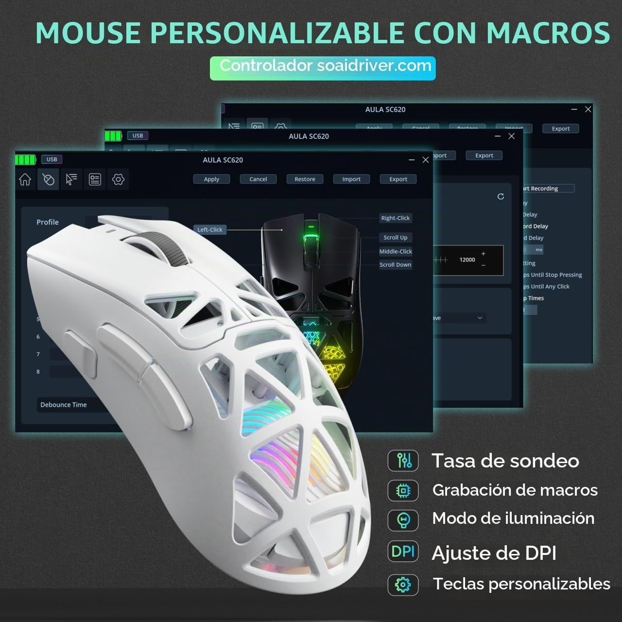 Mouse Gamer AULA SC620 Inalámbrico Blanco vista 7