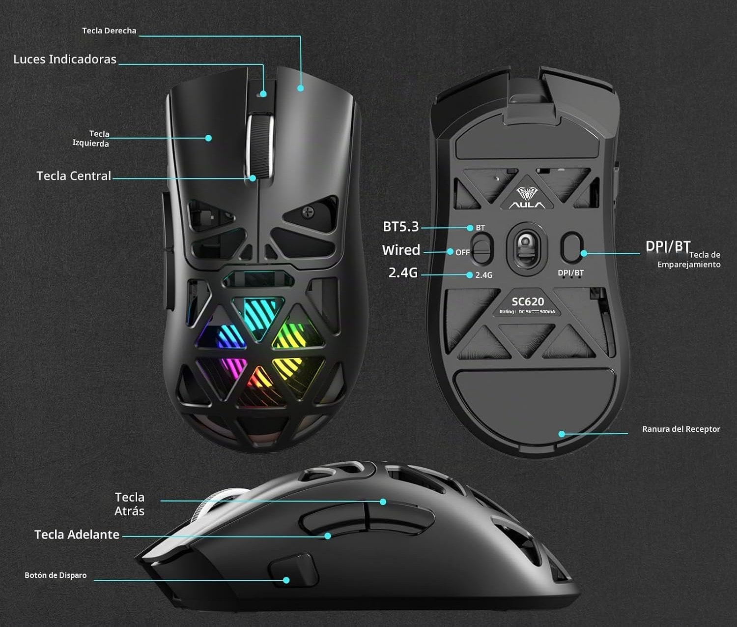 Mouse Gamer AULA SC620 Inalámbrico Blanco vista 6