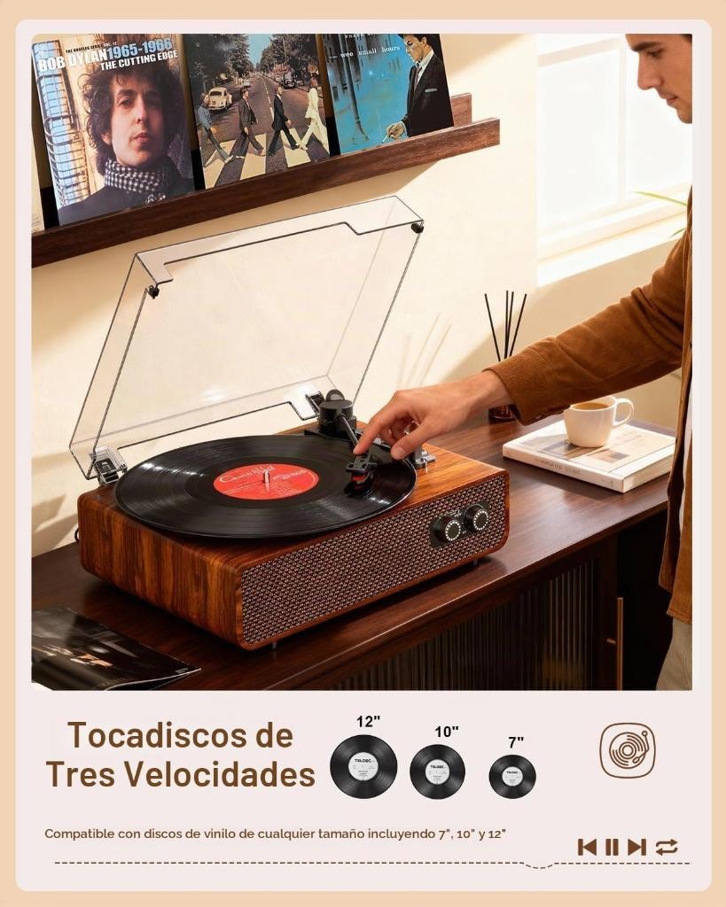 Tocadiscos Vinilo Vintage Bluetooth 3 Velocidades con Contrapeso — DANFI AUDIO TE-2018 vista 3