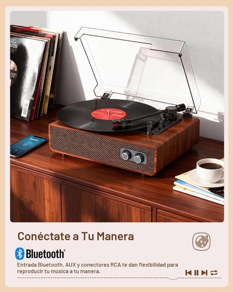 Tocadiscos Vinilo Vintage Bluetooth 3 Velocidades con Contrapeso — DANFI AUDIO TE-2018 vista 6