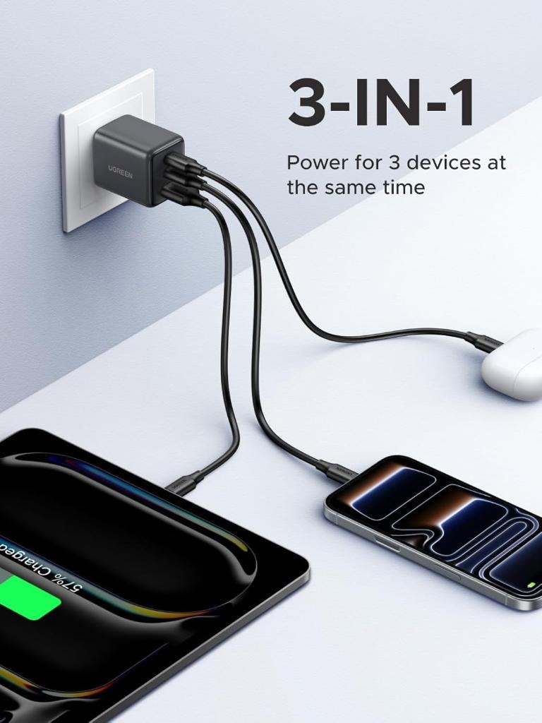Cargador UGREEN 30W 3 Puertos GaN II USB-C Carga Rápida — 2× USB-C + 1× USB-A vista 2