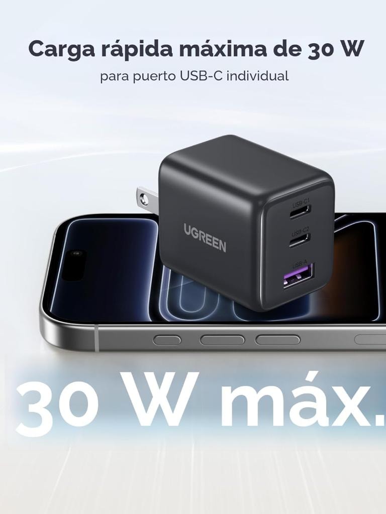 Cargador UGREEN 30W 3 Puertos GaN II USB-C Carga Rápida — 2× USB-C + 1× USB-A vista 3