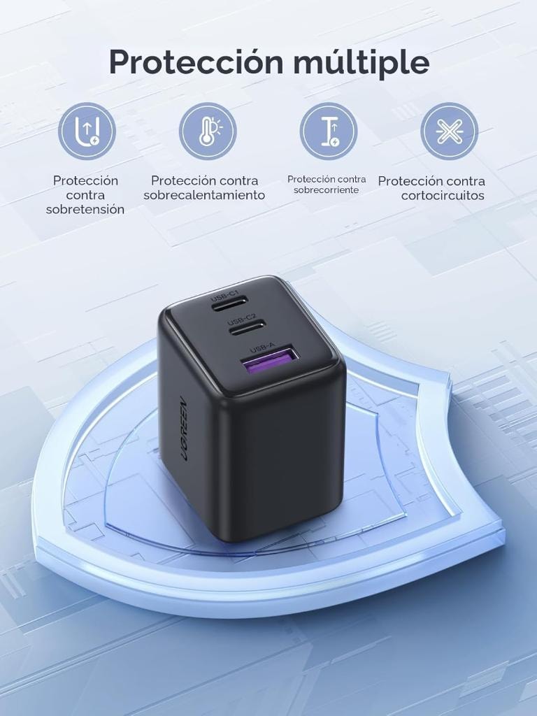 Cargador UGREEN 30W 3 Puertos GaN II USB-C Carga Rápida — 2× USB-C + 1× USB-A vista 9